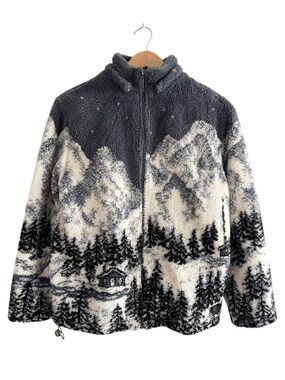 Vintage Mountain Forest Deep Pile Sherpa Fleece Jacket